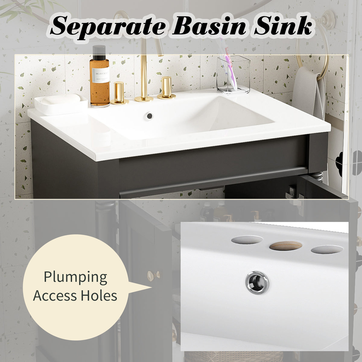 24" Bathroom Vanity with Sink, Modern Bathroom Vanity Cabinet with Enclosed Storage Door, 32mm Faucet Hole Ceramic Basin, Easy Assembly,Black