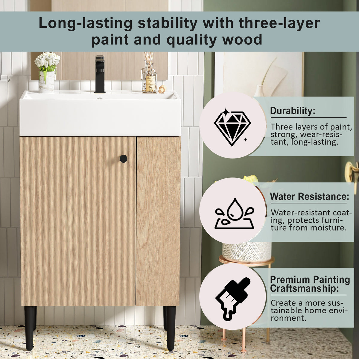 21.6" Bathroom Vanity with Sink, Slim Freestanding Bathroom Vanity Cabinet with Ceramic Sink & Overflow, Gold Metal Legs, Soft Close Door, for Small Bathroom,,Wood