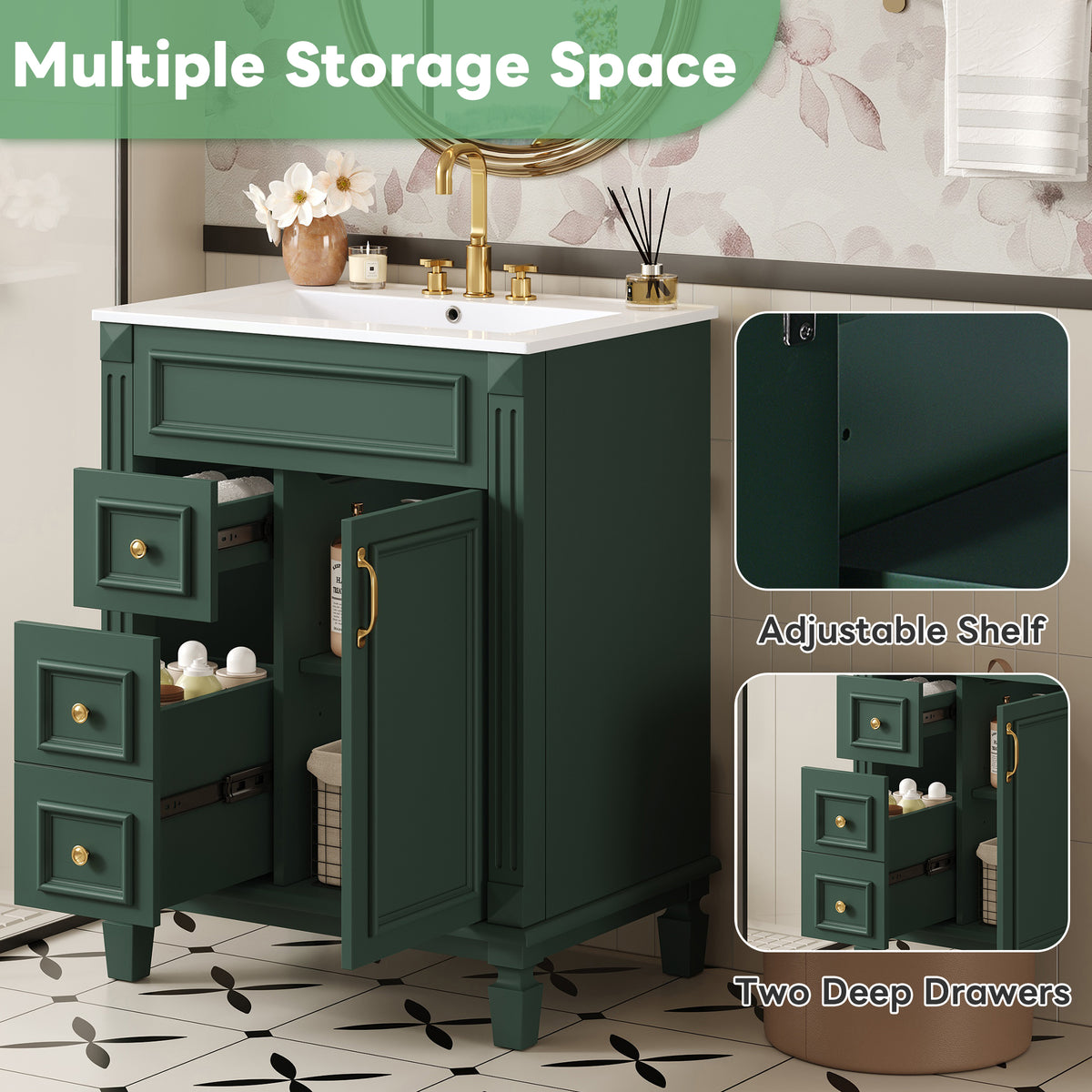 24" Bathroom Vanity with Sink, French Style Bathroom Vanity with 2 Deep Drawers & Adjustable Shelf, Ceramic Sink for 4-Inch Faucet, Soft Close Door,Green