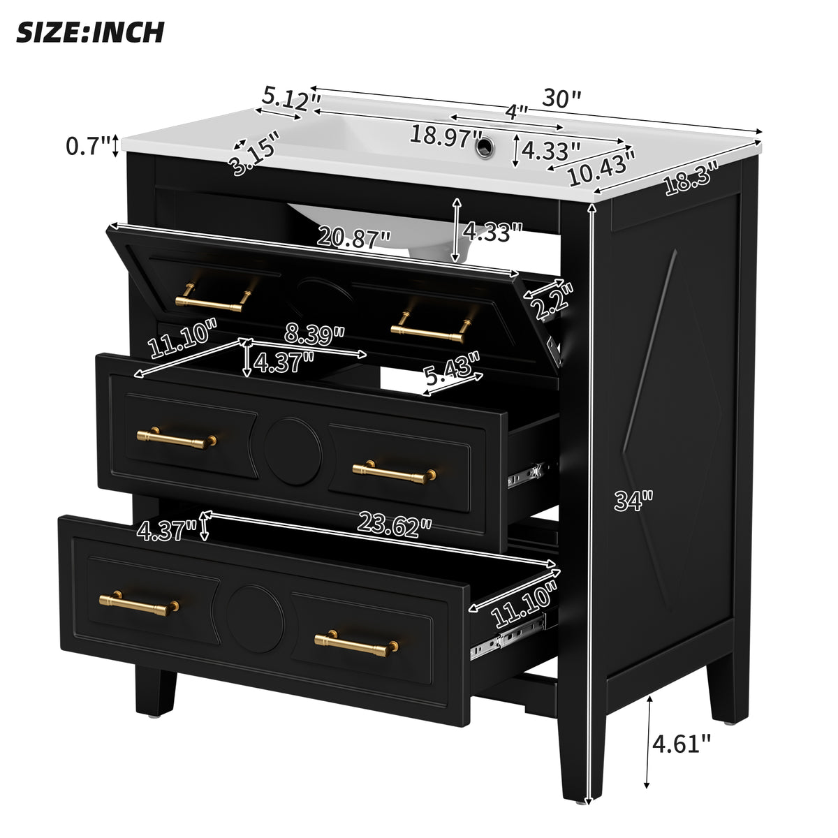30" Bathroom Vanity with Sink, Black Bathroom Vanity with 3 Drawers & Carved Detail, Ceramic Sink for 4" Centerset Faucet with Overflow, Solid Pine Wood Frame,Black
