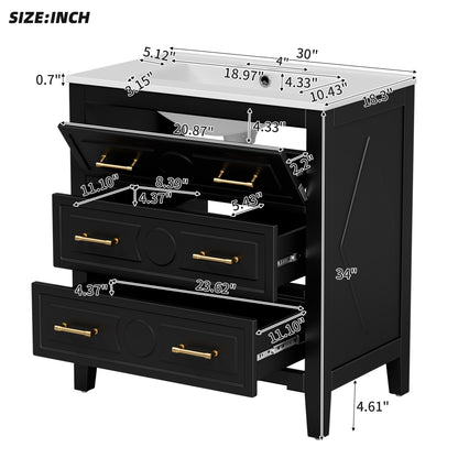 30" Bathroom Vanity with Sink, Black Bathroom Vanity with 3 Drawers & Carved Detail, Ceramic Sink for 4" Centerset Faucet with Overflow, Solid Pine Wood Frame,Black