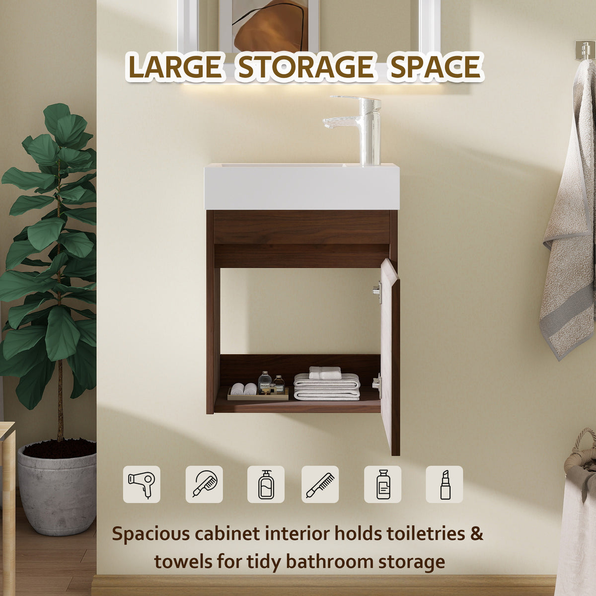 18" Floating Bathroom Vanity with Sink, Modern Wall Mounted Bathroom Vanity with Glossy White Ceramic Sink & Countertop, Soft Close Door, Plywood Storage Cabinet,Brown