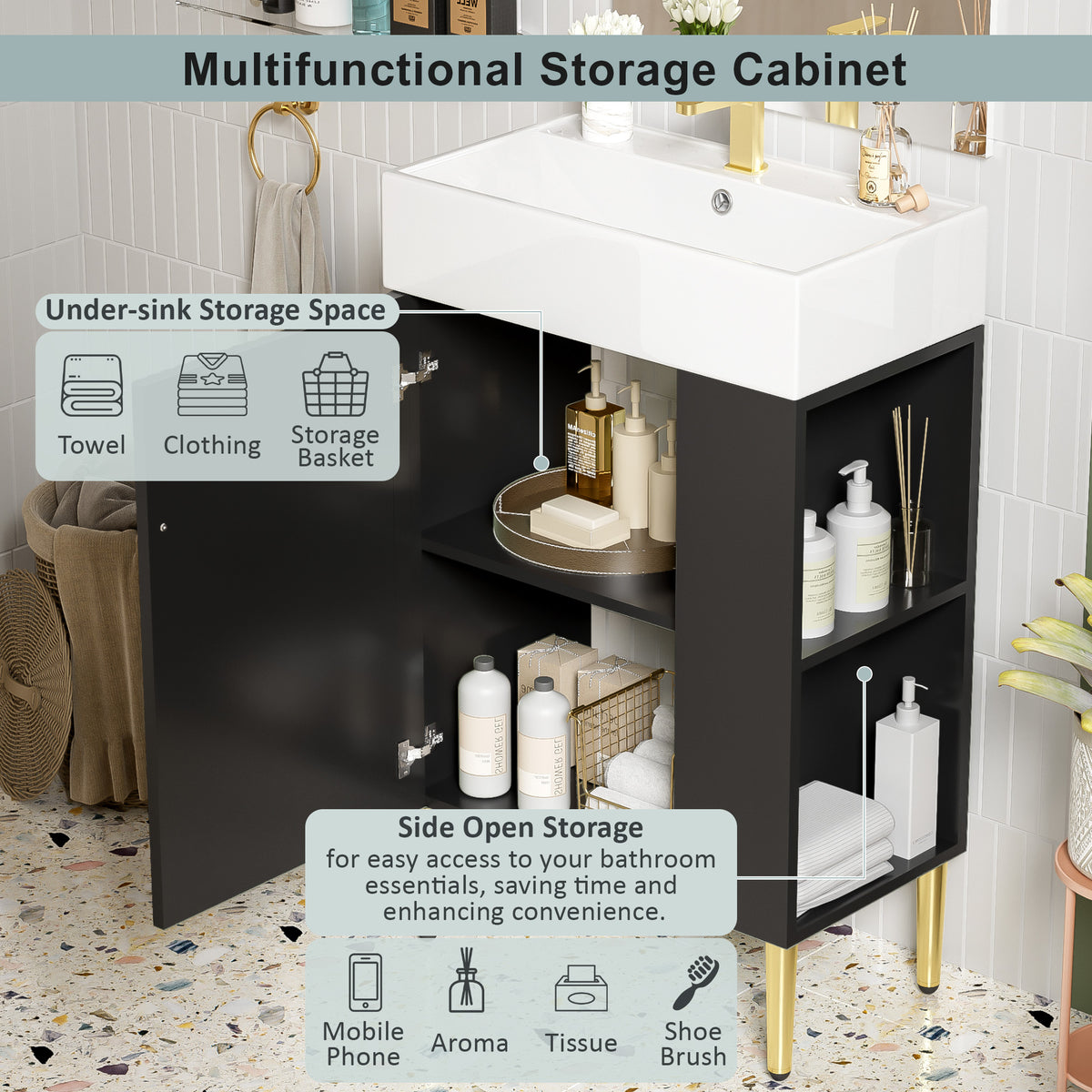 21.6" Bathroom Vanity with Sink, Slim Freestanding Bathroom Vanity Cabinet with Ceramic Sink & Overflow, Gold Metal Legs, Soft Close Door, for Small Bathroom,,Black