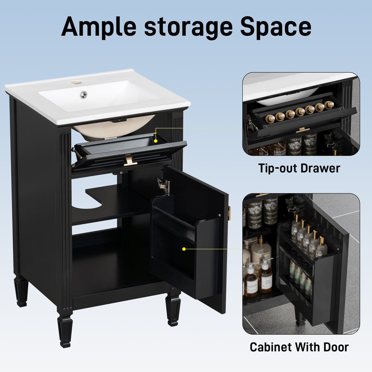 20" Bathroom Vanity with Sink, Small Freestanding Bathroom Vanity Cabinet with Tilt-Out Drawer & Adjustable Shelf, Soft Close Door, Gold Knobs,Black
