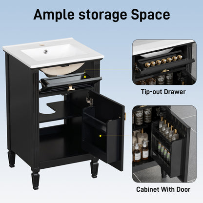 20" Bathroom Vanity with Sink, Small Freestanding Bathroom Vanity Cabinet with Tilt-Out Drawer & Adjustable Shelf, Soft Close Door, Gold Knobs,Black