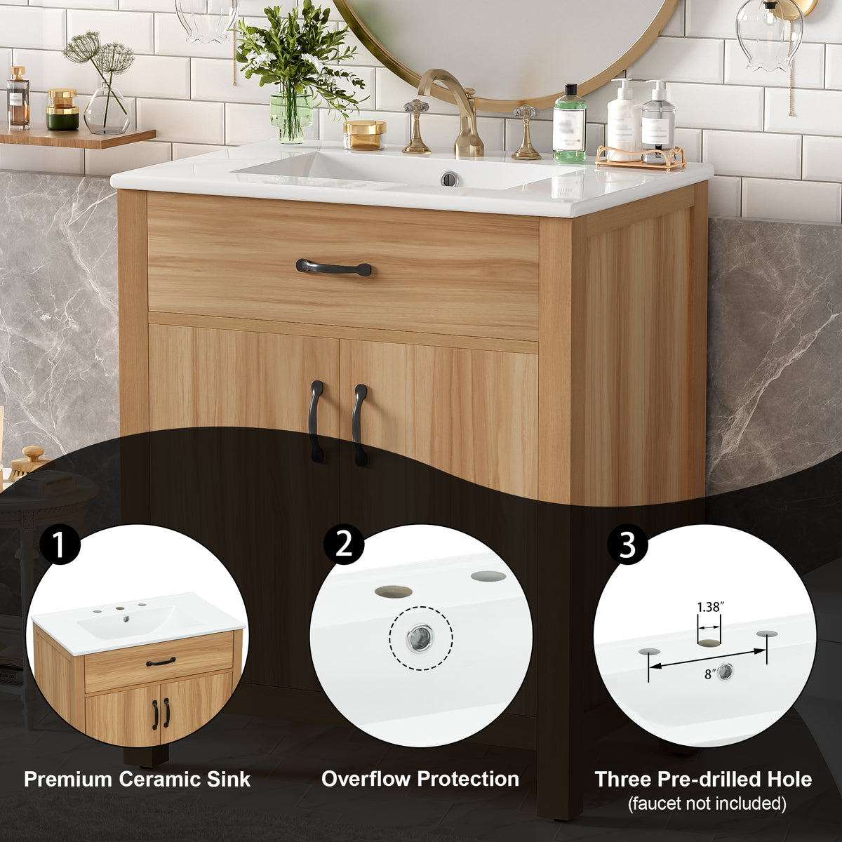 30" Bathroom Vanity with Sink, Modern Bathroom Vanity with Double Door Shelves & U-Shaped Adjustable Shelf, Ceramic Sink with Overflow, Soft Close Door,Acacia Wood