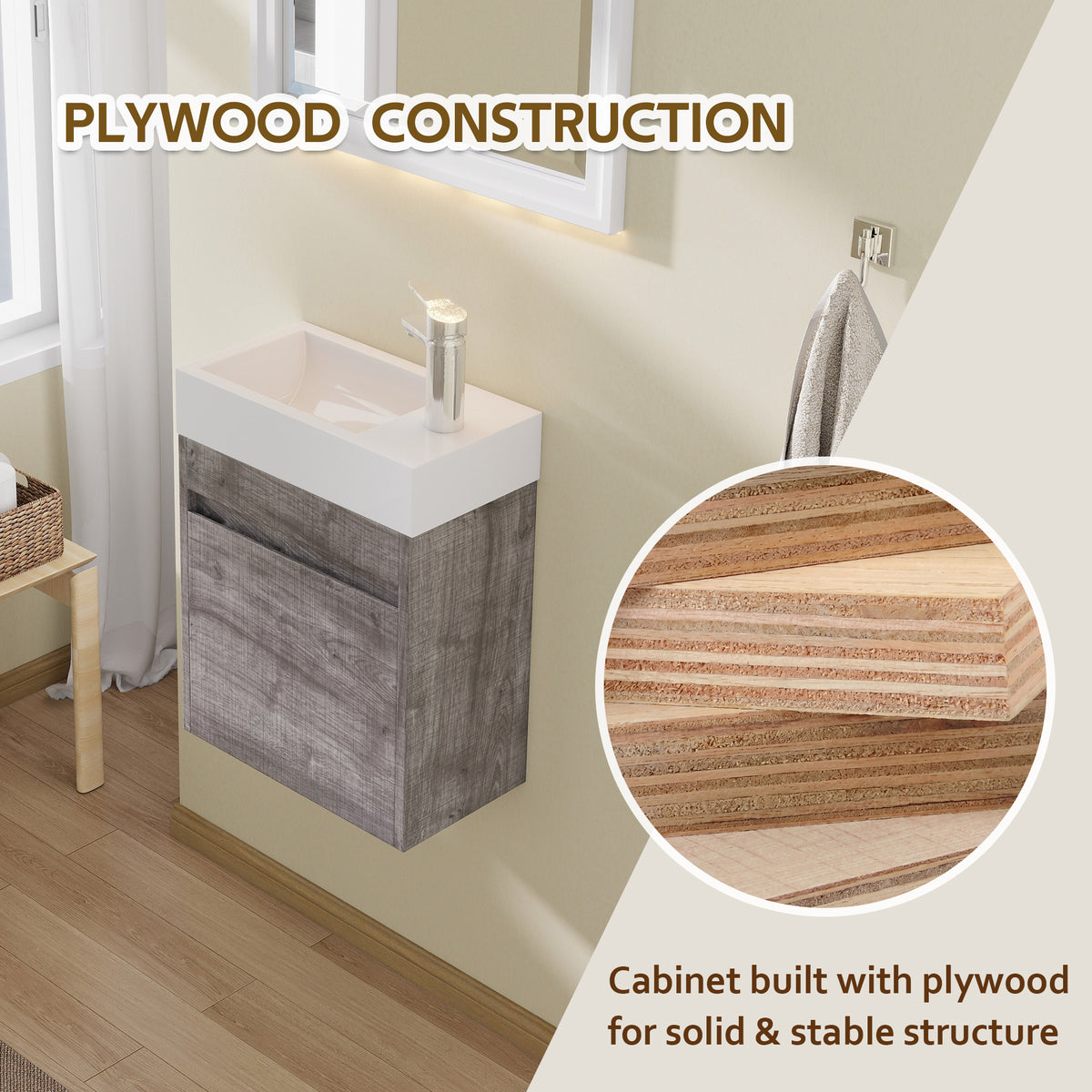 18" Floating Bathroom Vanity with Sink, Modern Wall Mounted Bathroom Vanity with Glossy White Ceramic Sink & Countertop, Soft Close Door, Plywood Storage Cabinet,Grey