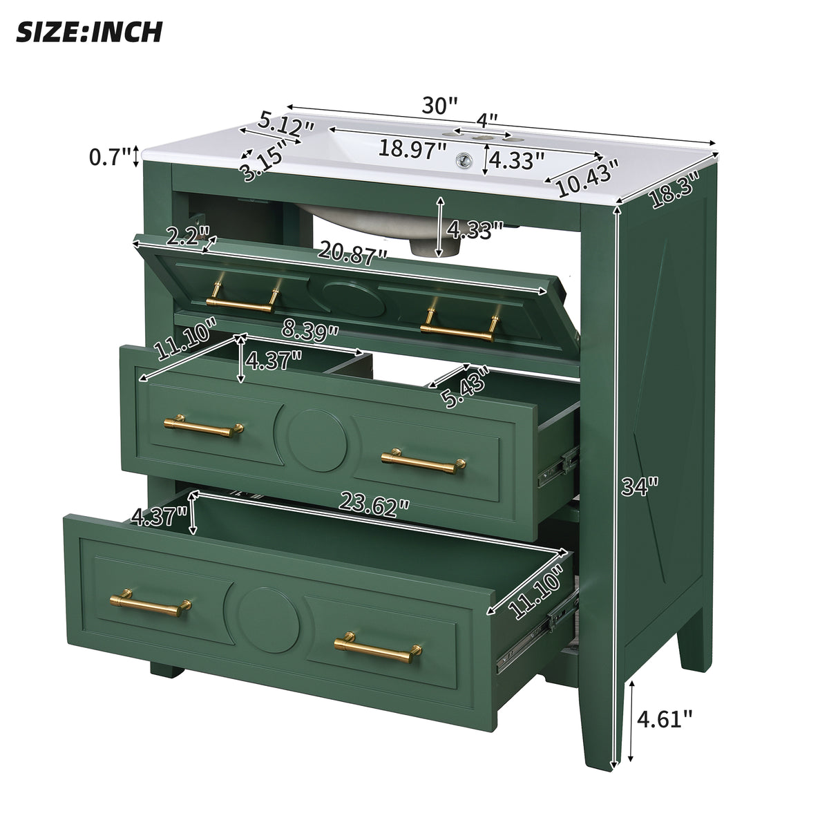 30" Bathroom Vanity with Sink, Black Bathroom Vanity with 3 Drawers & Carved Detail, Ceramic Sink for 4" Centerset Faucet with Overflow, Solid Pine Wood Frame,Green