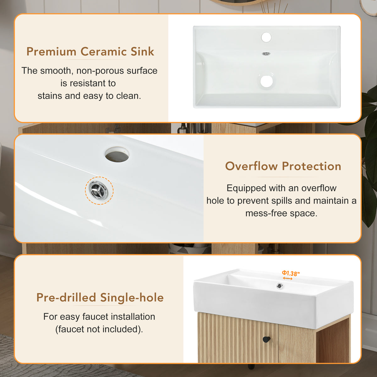 21.6" Floating Bathroom Vanity with Sink, Slim Wall Mounted Bathroom Vanity with Ceramic Basin & Overflow, Wave Pattern Door with Rose Gold Handle, Soft Close Door,Wood