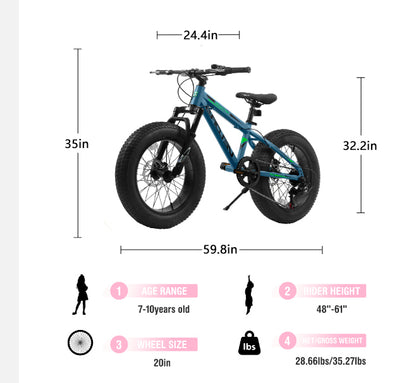 20" Fat Tire Bike for Boys & Girls, Fits Riders 48"-60" Tall, 7-Speed Mountain Bicycle with Dual Disc Brakes, Front Suspension Fork, High-Carbon Steel Frame, 20x4.0 Wide Tire