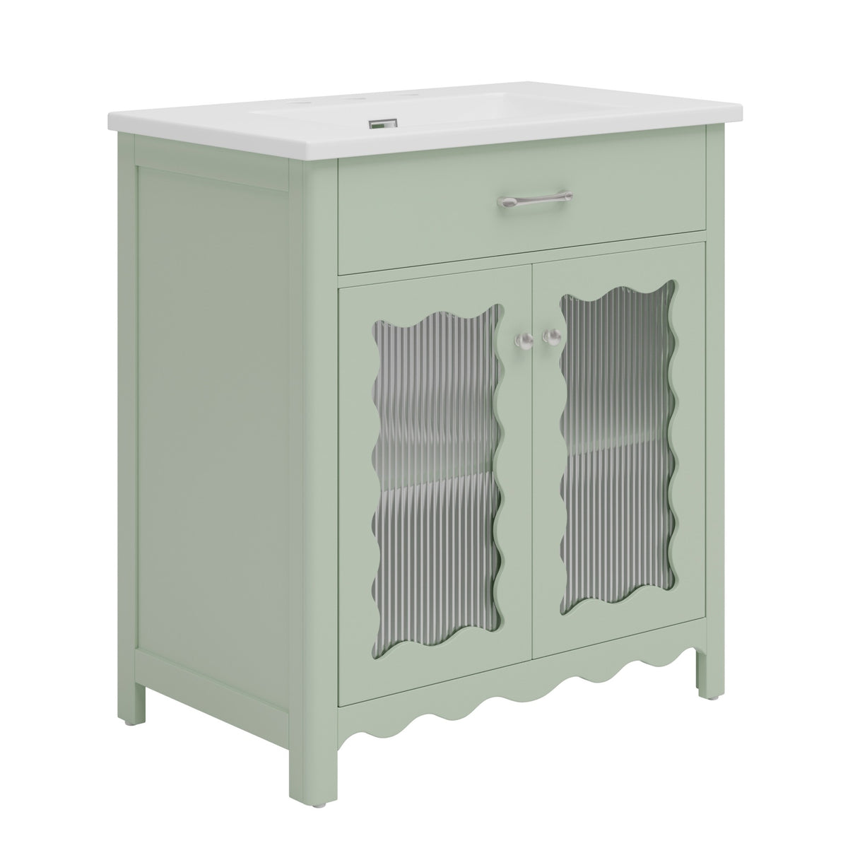 31" Bathroom Vanity with Sink, Modern Bathroom Vanity with Tempered Glass Doors & Deep Ceramic Sink, Soft Close Door, Adjustable Shelf, Curved Design,Green
