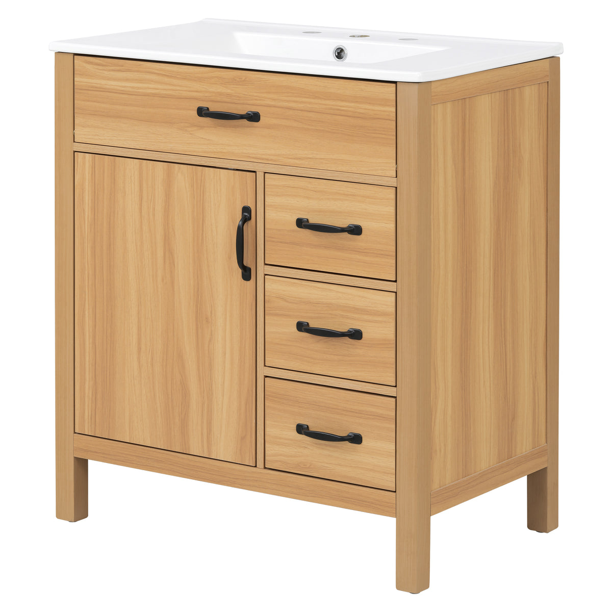 30" Bathroom Vanity with Sink, Bathroom Vanity with Tip-Out Drawer & 3 Drawers, Door Storage Rack, Ceramic Sink, Soft Close Slides, Black Handles,Acacia Wood