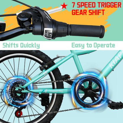 20 Inch Kids Mountain Bike, 7-Speed Drivetrain, Front Suspension, Durable Steel Frame, Bicycle for Boys & Girls Ages 6-10, Green, 85% Pre-Assembled
