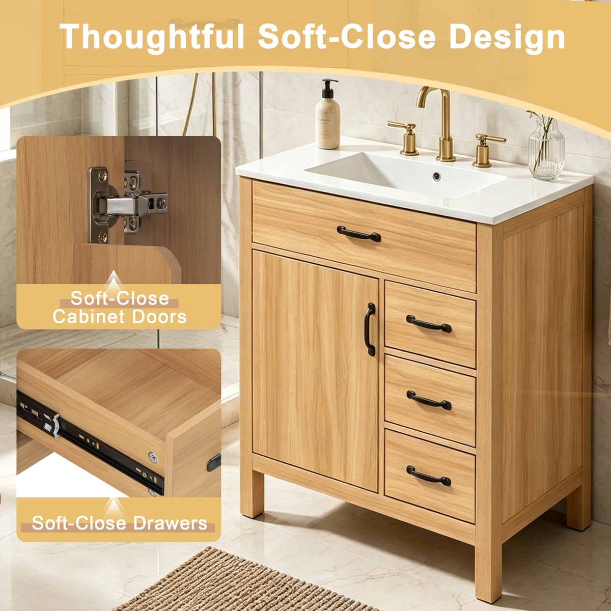 30" Bathroom Vanity with Sink, Bathroom Vanity with Tip-Out Drawer & 3 Drawers, Door Storage Rack, Ceramic Sink, Soft Close Slides, Black Handles,Acacia Wood