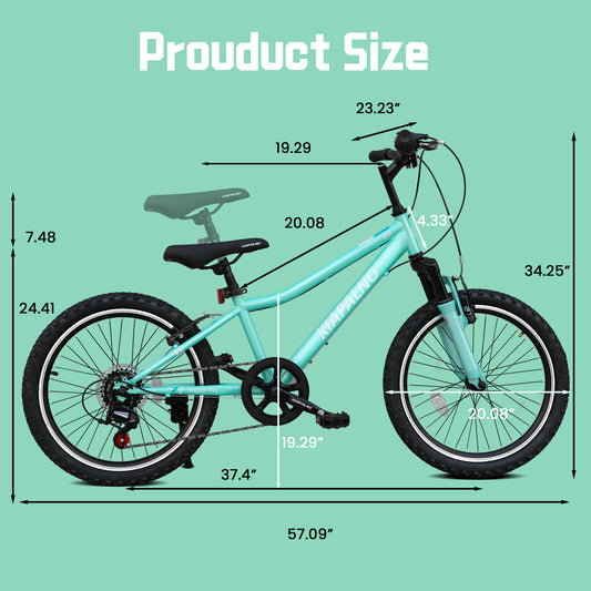 20 Inch Kids Mountain Bike, 7-Speed Drivetrain, Front Suspension, Durable Steel Frame, Bicycle for Boys & Girls Ages 6-10, Green, 85% Pre-Assembled