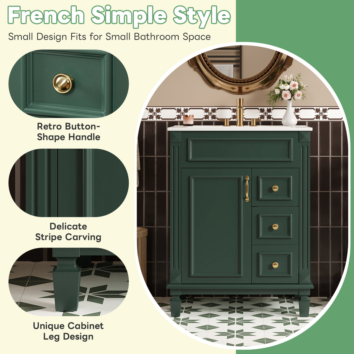 24" Bathroom Vanity with Sink, French Style Bathroom Vanity with 2 Deep Drawers & Adjustable Shelf, Ceramic Sink for 4-Inch Faucet, Soft Close Door,Green