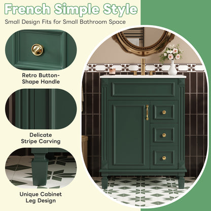 24" Bathroom Vanity with Sink, French Style Bathroom Vanity with 2 Deep Drawers & Adjustable Shelf, Ceramic Sink for 4-Inch Faucet, Soft Close Door,Green