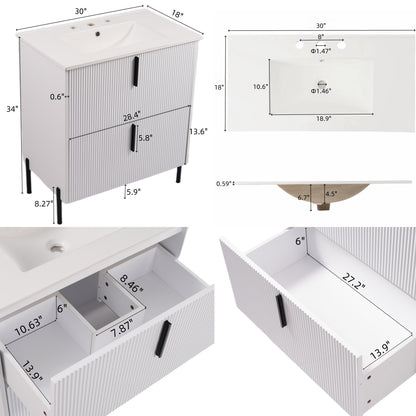30" Bathroom Vanity with Sink, Black Fluted Bathroom Vanity with Undermount Drawer Slides & White Ceramic Basin, Finger Pull Design, Full Extension Drawers,White