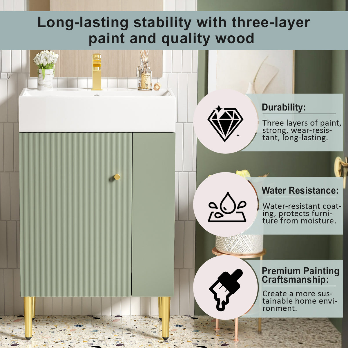 21.6" Bathroom Vanity with Sink, Slim Freestanding Bathroom Vanity Cabinet with Ceramic Sink & Overflow, Gold Metal Legs, Soft Close Door, for Small Bathroom,,Green