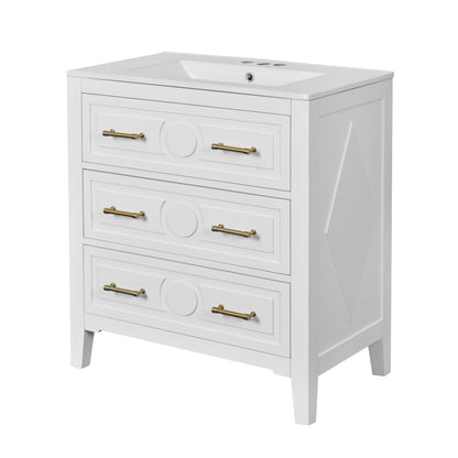 30" Bathroom Vanity with Sink, Black Bathroom Vanity with 3 Drawers & Carved Detail, Ceramic Sink for 4" Centerset Faucet with Overflow, Solid Pine Wood Frame,White