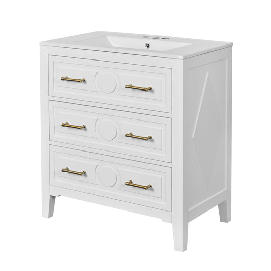 30" Bathroom Vanity with Sink, Black Bathroom Vanity with 3 Drawers & Carved Detail, Ceramic Sink for 4" Centerset Faucet with Overflow, Solid Pine Wood Frame,White