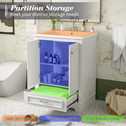24" Bathroom Vanity with Sink, Modern Bathroom Vanity with White Ceramic Sink & Drawer, 3-Level Adjustable Shelf, Solid Wood Frame, for Small Bathroom,White