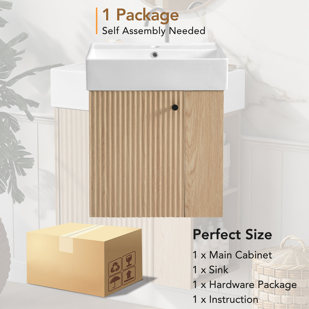 21.6" Floating Bathroom Vanity with Sink, Slim Wall Mounted Bathroom Vanity with Ceramic Basin & Overflow, Wave Pattern Door with Rose Gold Handle, Soft Close Door,Wood