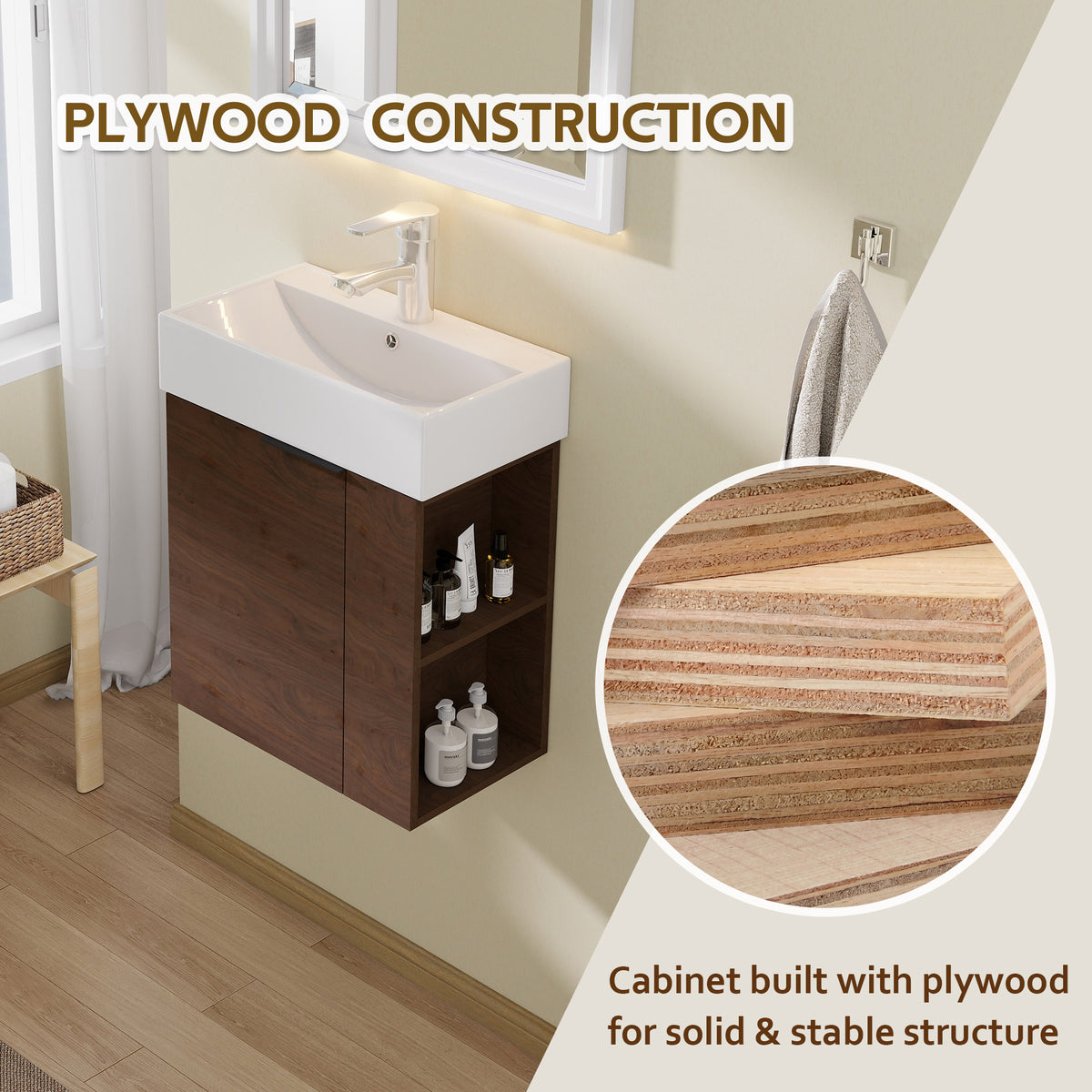 21.6" Floating Bathroom Vanity with Sink, Modern Wall Mounted Bathroom Vanity with Glossy White Ceramic Sink & Countertop, Soft Close Door, Plywood Storage Cabinet,Brown