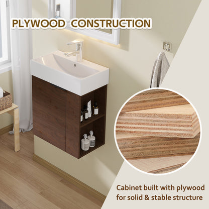 21.6" Floating Bathroom Vanity with Sink, Modern Wall Mounted Bathroom Vanity with Glossy White Ceramic Sink & Countertop, Soft Close Door, Plywood Storage Cabinet,Brown