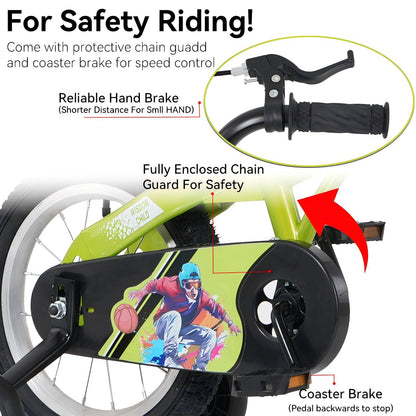 16 Inch kids bike with training wheels,stand Adjustable saddle Suitable for boys and girls aged 4-8 years tall Height 41-53 inch