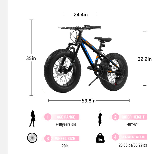 20" Fat Tire Bike for Boys & Girls, Fits Riders 48"-60" Tall, 7-Speed Mountain Bicycle with Dual Disc Brakes, Front Suspension Fork, High-Carbon Steel Frame, 20x4.0 Wide Tires