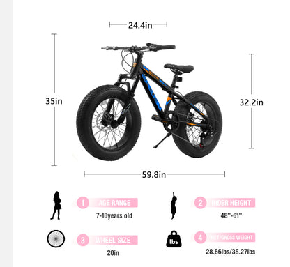 20" Fat Tire Bike for Boys & Girls, Fits Riders 48"-60" Tall, 7-Speed Mountain Bicycle with Dual Disc Brakes, Front Suspension Fork, High-Carbon Steel Frame, 20x4.0 Wide Tires
