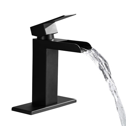 Bathroom Single Hole Three Hole Waterfall Sink Faucet Matte Black Single Handle with Deck Plate and Pop-up Drain W1224P224285