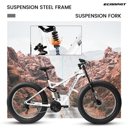 26x4 Inch Fat Tire Mountain Bike Shimano 21 Speed Dual Disc Brake Dual Suspension Trail Bike, Urban Commuter City Bicycle Adult or Youth Whitre