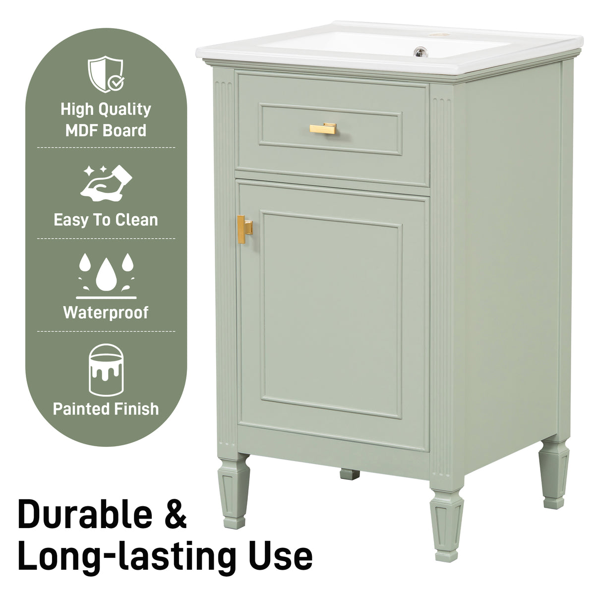 20" Bathroom Vanity with Sink, Small Freestanding Bathroom Vanity Cabinet with Tilt-Out Drawer & Adjustable Shelf, Soft Close Door, Gold Knobs,Green