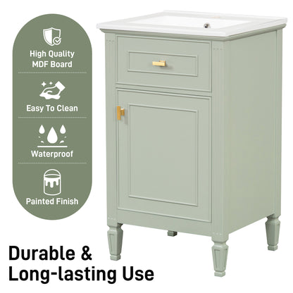 20" Bathroom Vanity with Sink, Small Freestanding Bathroom Vanity Cabinet with Tilt-Out Drawer & Adjustable Shelf, Soft Close Door, Gold Knobs,Green