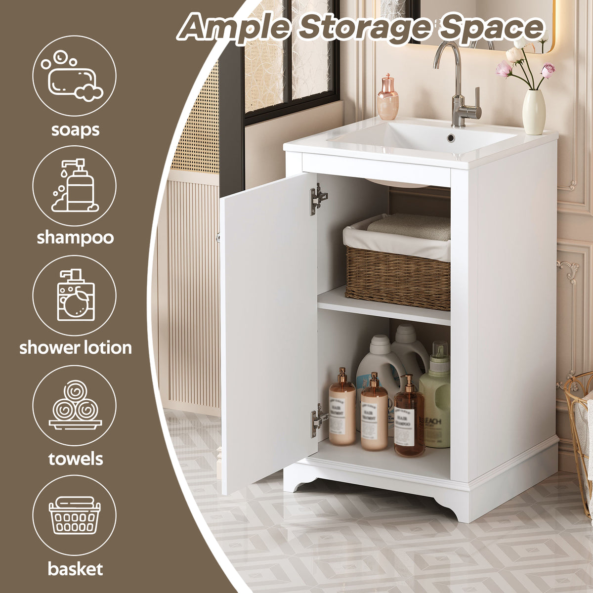 20" Shaker Style Bathroom Vanity with Sink, Small Bathroom Vanity Cabinet with Integrated Ceramic Sink, Soft Close Door, Solid Wood & MDF,White