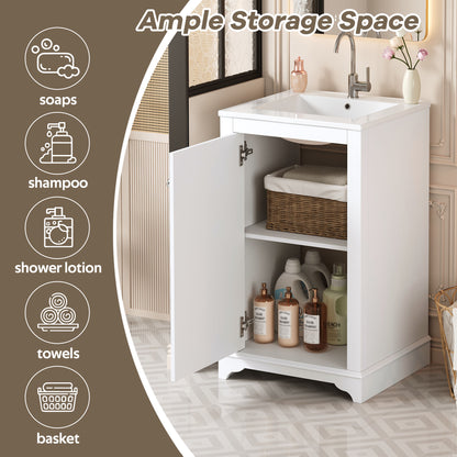 20" Shaker Style Bathroom Vanity with Sink, Small Bathroom Vanity Cabinet with Integrated Ceramic Sink, Soft Close Door, Solid Wood & MDF,White