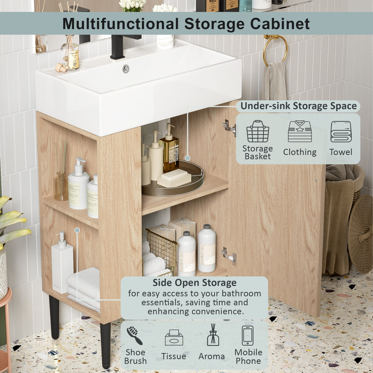 21.6" Bathroom Vanity with Sink, Slim Freestanding Bathroom Vanity Cabinet with Ceramic Sink & Overflow, Gold Metal Legs, Soft Close Door, for Small Bathroom,,Wood