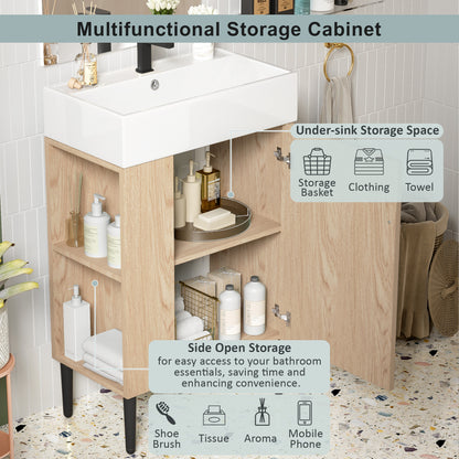21.6" Bathroom Vanity with Sink, Slim Freestanding Bathroom Vanity Cabinet with Ceramic Sink & Overflow, Gold Metal Legs, Soft Close Door, for Small Bathroom,,Wood