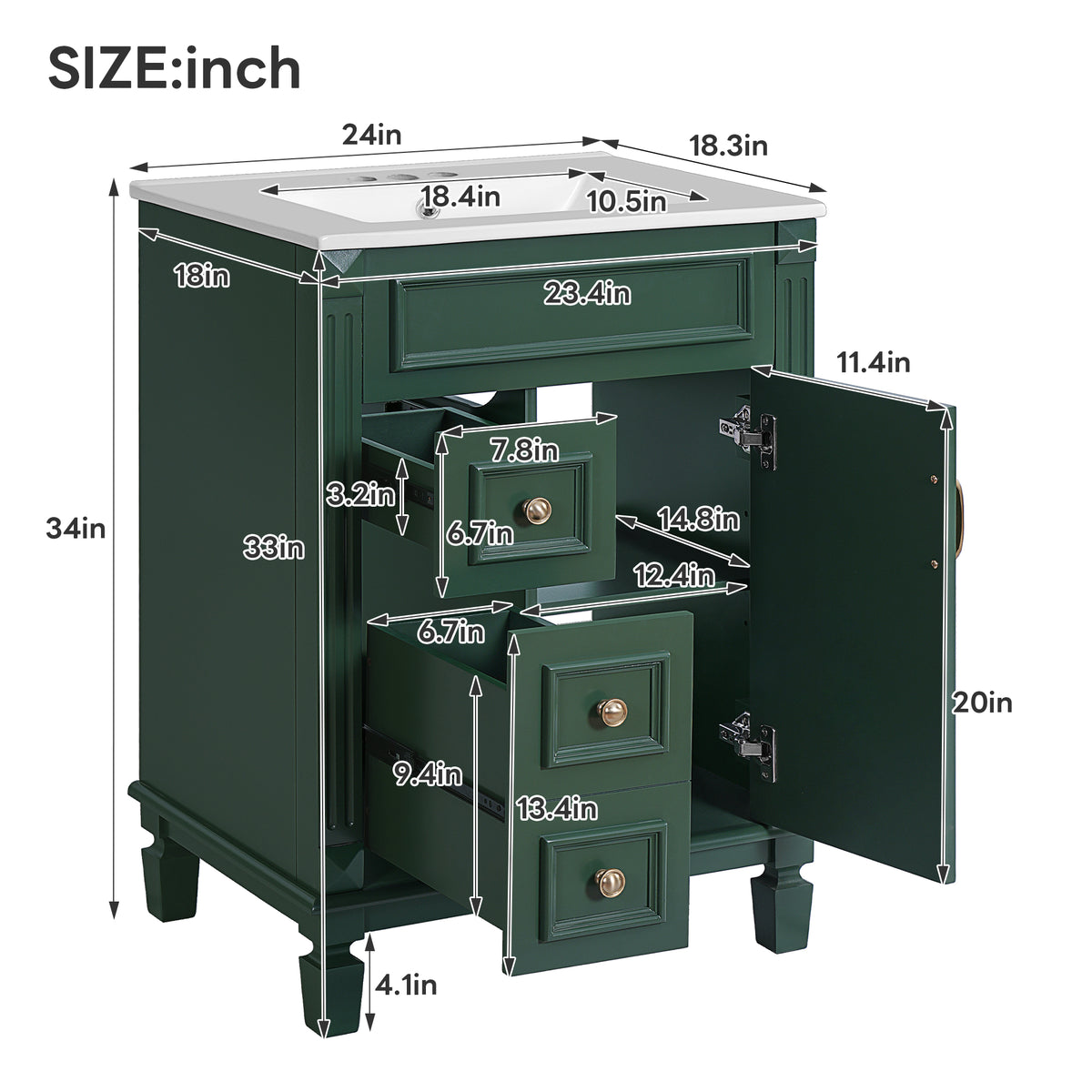 24" Bathroom Vanity with Sink, French Style Bathroom Vanity with 2 Deep Drawers & Adjustable Shelf, Ceramic Sink for 4-Inch Faucet, Soft Close Door,Green