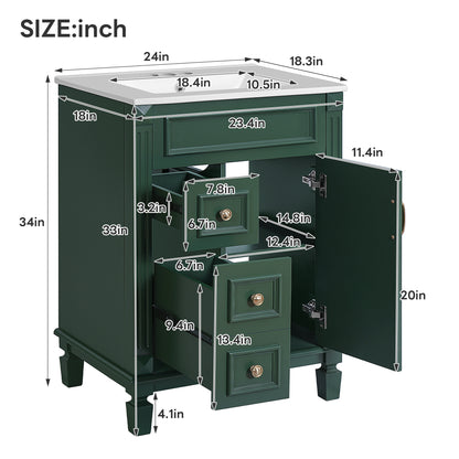 24" Bathroom Vanity with Sink, French Style Bathroom Vanity with 2 Deep Drawers & Adjustable Shelf, Ceramic Sink for 4-Inch Faucet, Soft Close Door,Green