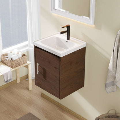 16" Floating Bathroom Vanity with Sink, Modern Wall Mounted Bathroom Vanity with Glossy White Ceramic Sink & Countertop, Soft Close Door, Plywood Storage Cabinet,Brown