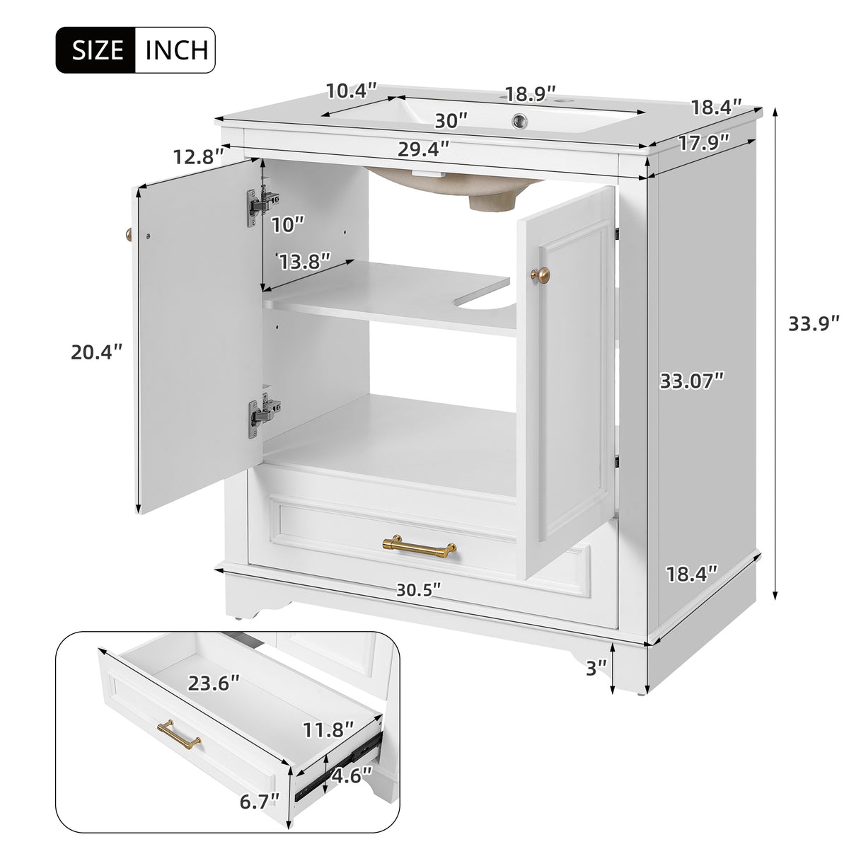 30" Bathroom Vanity with Sink, Traditional Bathroom Vanity with Carved Detail & Solid Wood Frame, Double Doors & Drawer, Ceramic Sink with Overflow,White