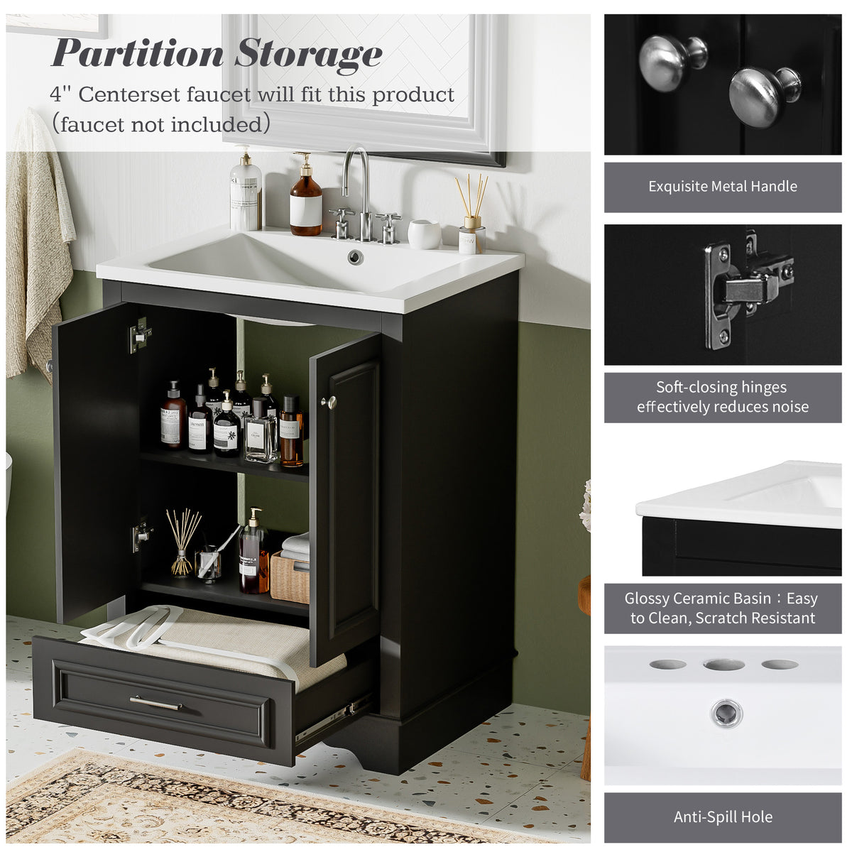 24" Bathroom Vanity with Sink, Modern Bathroom Vanity with White Ceramic Sink & Drawer, 3-Level Adjustable Shelf, Solid Wood Frame, for Small Bathroom,Black