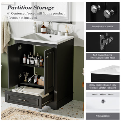 24" Bathroom Vanity with Sink, Modern Bathroom Vanity with White Ceramic Sink & Drawer, 3-Level Adjustable Shelf, Solid Wood Frame, for Small Bathroom,Black