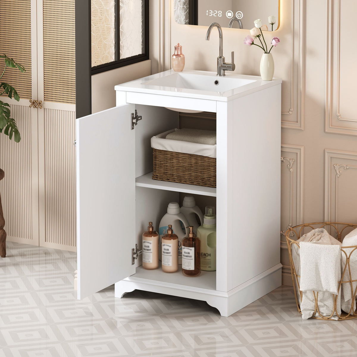 20" Shaker Style Bathroom Vanity with Sink, Small Bathroom Vanity Cabinet with Integrated Ceramic Sink, Soft Close Door, Solid Wood & MDF,White