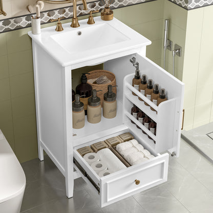 20" Bathroom Vanity with Sink, Half-Moon Ceramic Sink Basin with 3-Hole Faucet Mount, Bathroom Storage Cabinet with Drawer & Door Rack, Retro Gold Handle, White