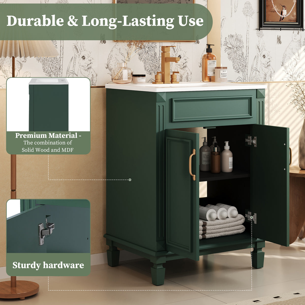 24" Bathroom Vanity with Sink, French Style Bathroom Vanity with Carved Legs & Drawer, Adjustable Shelf, Back Cutout for Plumbing, Soft Close Door,Green