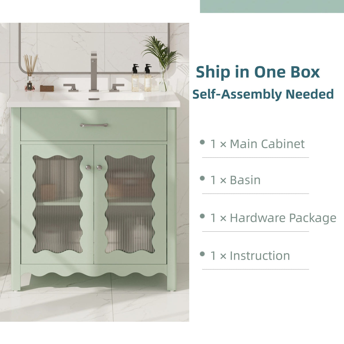 31" Bathroom Vanity with Sink, Modern Bathroom Vanity with Tempered Glass Doors & Deep Ceramic Sink, Soft Close Door, Adjustable Shelf, Curved Design,Green